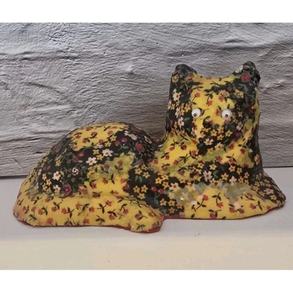 Vintage Folk Art Paper Mache Cat Handmade 1980s Blues Reds Yellow